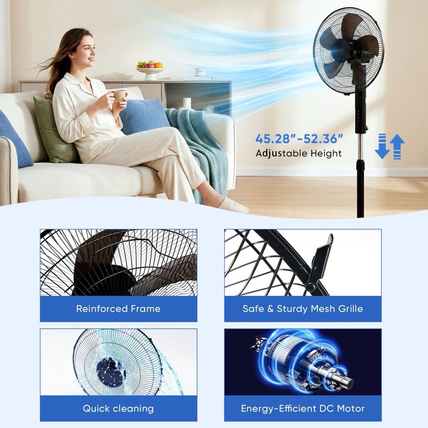Ventilateur Sur Pied Silencieux avec Télécommande – Hauteur Réglable & Oscillation