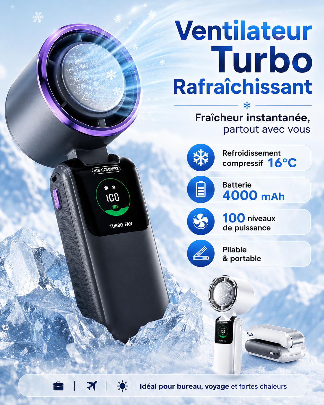 FrostiAir Pro™ – Mini Ventilateur Turbo avec Plaque Fraîcheur
